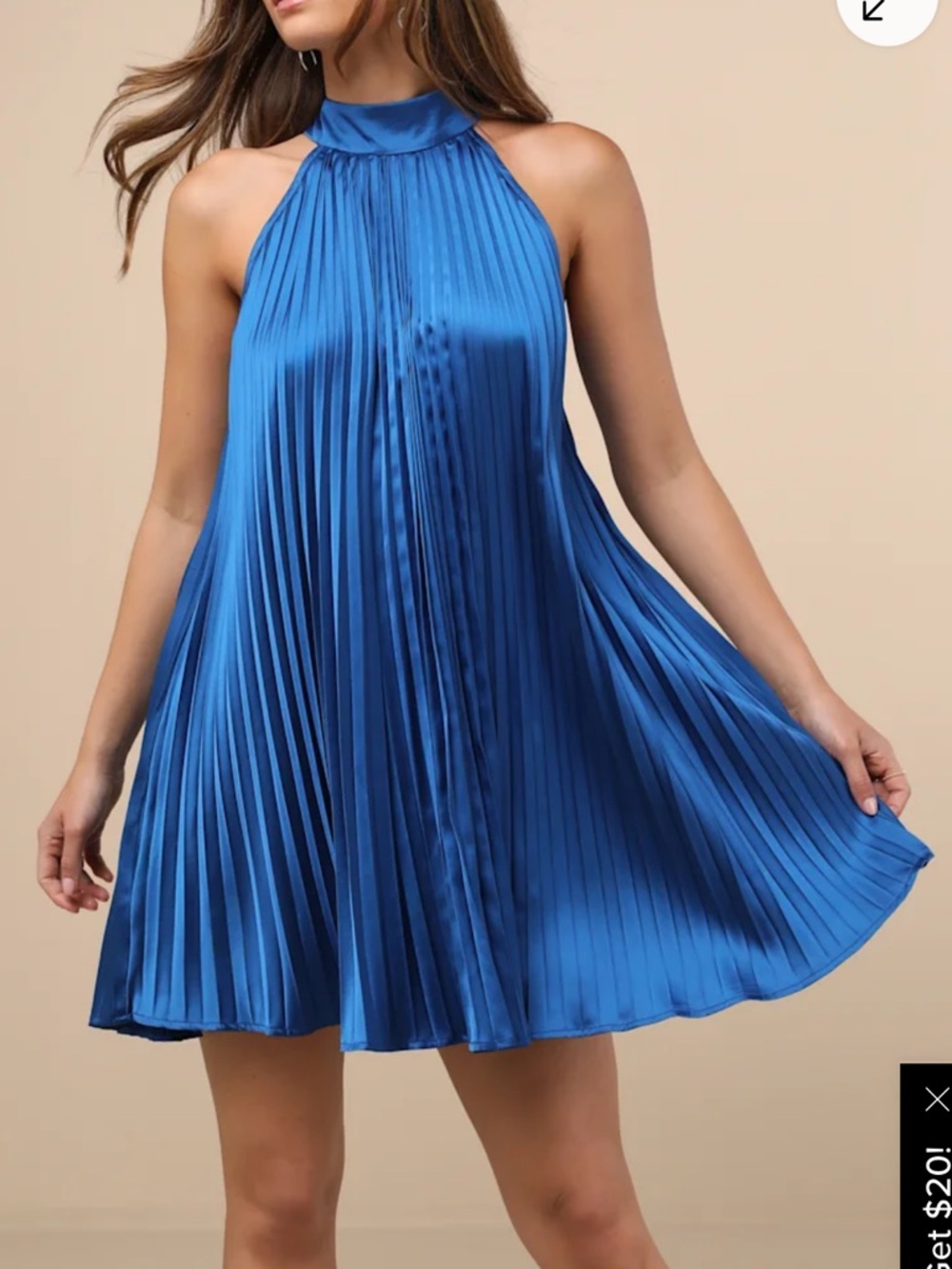 Blue Pleated Halter Mini Dress